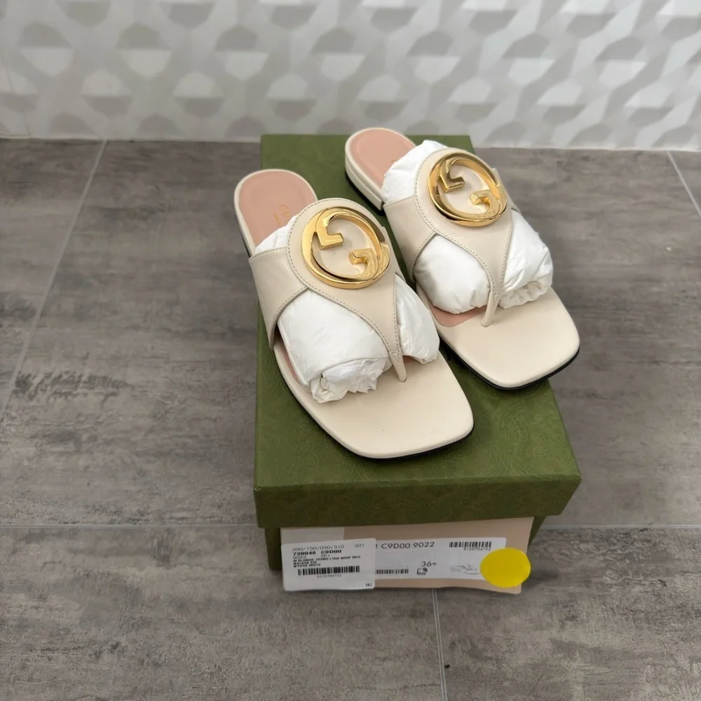 Gucci Blondie GG Logo Leather Thong Flip Flop Flat Sandals Shoes Size 7 NWT - Picture 3 of 16